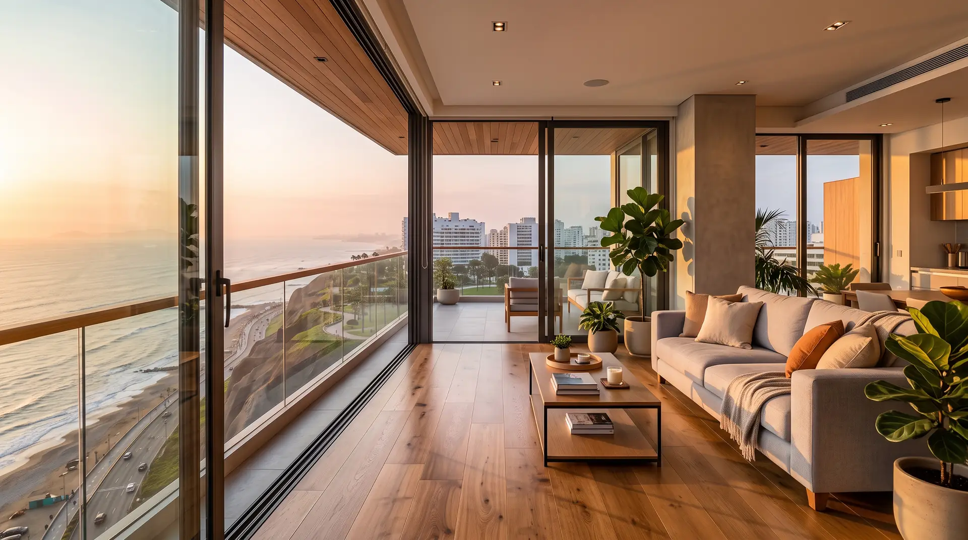 Sala con piso de madera, sofá claro y ventanales abiertos hacia el mar al atardecer