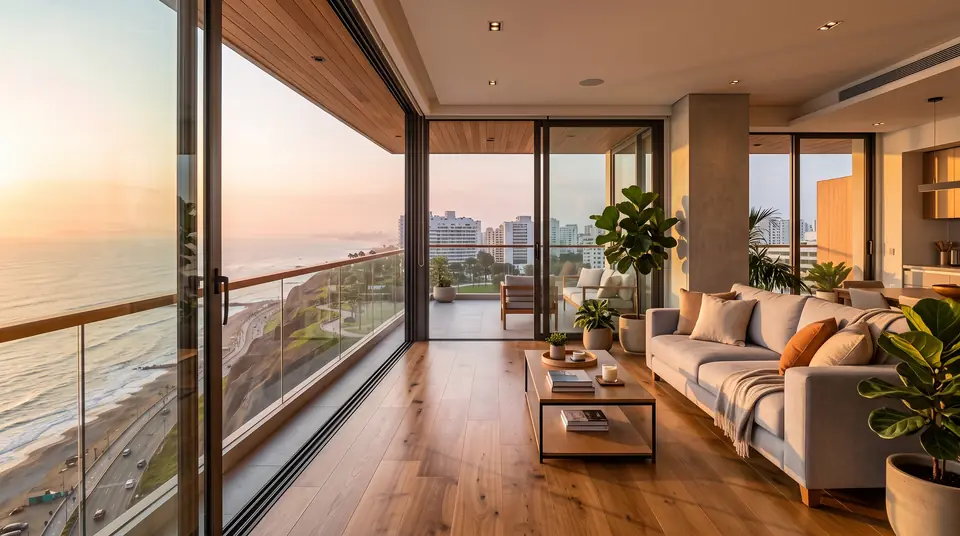 Interior de un departamento con piso de madera, sofá y plantas, abierto a la terraza