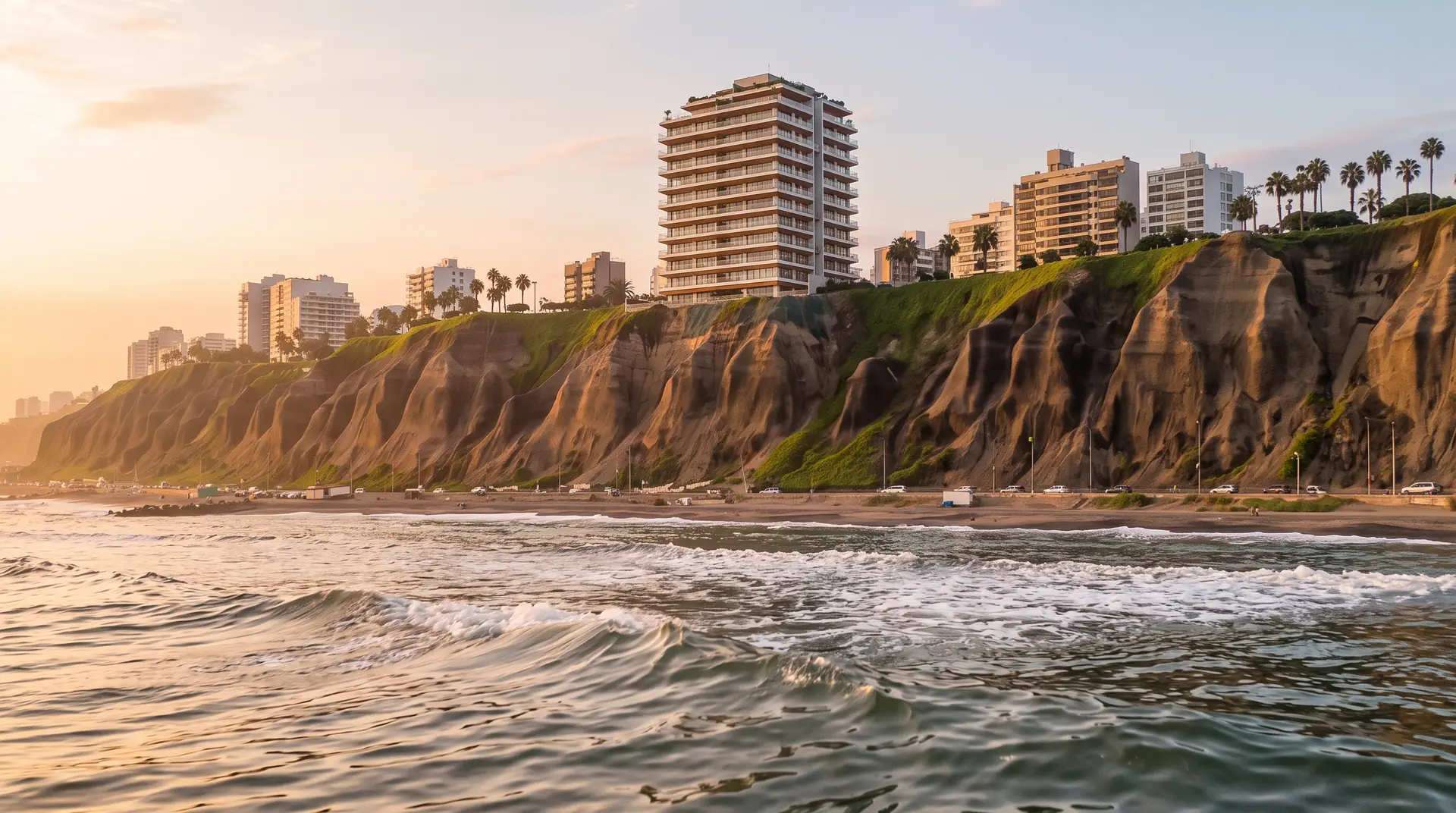 Olas del Pacífico al atardecer frente al acantilado de Miraflores, con Torre Malecón en lo alto